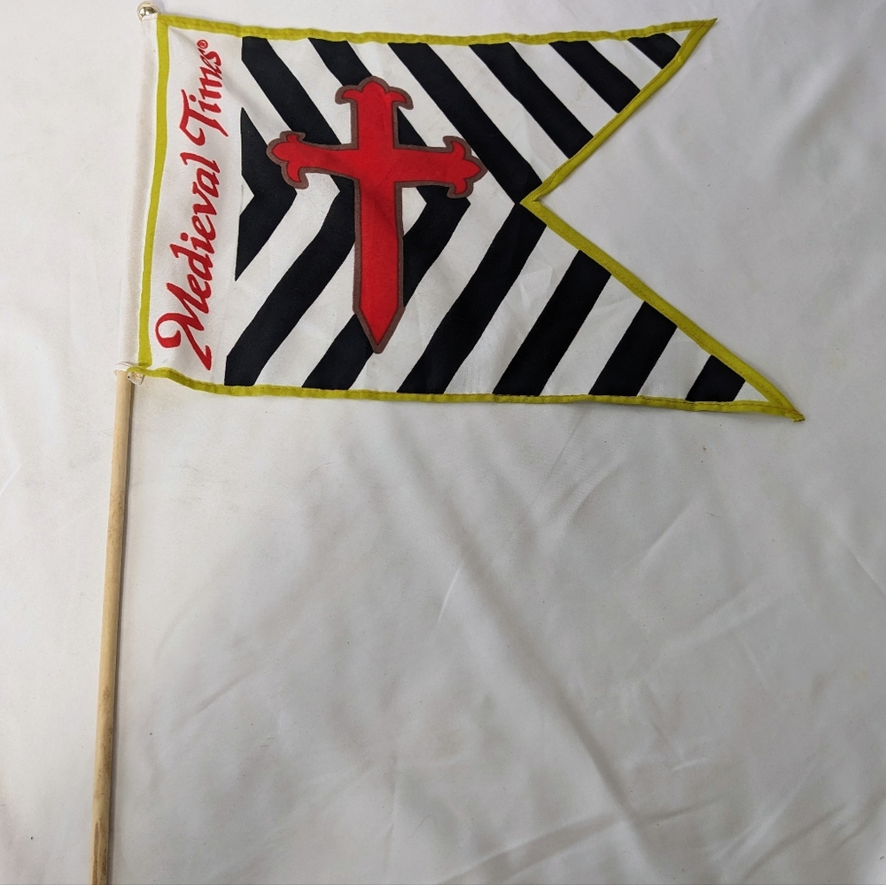 Medieval Times Flag W/Pole Black & White Strip W/Red Design & Lettering
